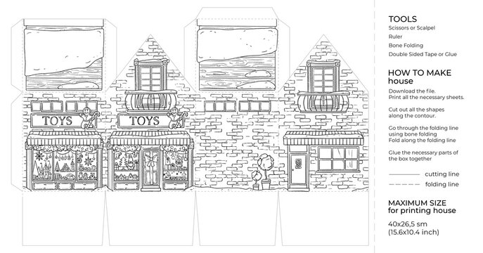 Winter Christmas Kids craft paper house. Toy store. Cut and glue cartoon 3D toy doll house. Building paper craft model. Printable template