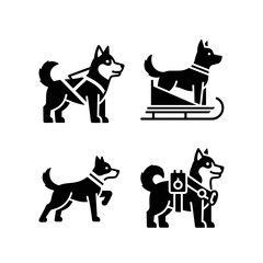 Husky dog illustrations with harness and sled, representing sledding and working dog roles