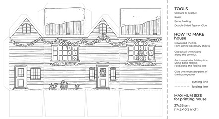 Winter Christmas Kids craft paper house. Cut and glue cartoon 3D toy doll house. Building paper craft model. Printable template