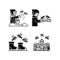 Obraz premium Kids feeding birds in winter, outdoor nature activity for children and family bonding