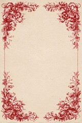 Obraz premium An elegant red floral border outlines a textured, blank cream-colored background, perfect for invitations, certificates, or decorative stationery, Use it to add a vintage touch to any project,