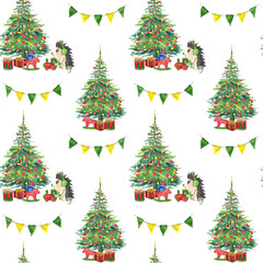 New Year's seamless pattern with a Christmas tree, gifts, garlands, toys, and a cute hedgehog, watercolor illustration for packaging, fabrics, dishes, postcards, and stationery