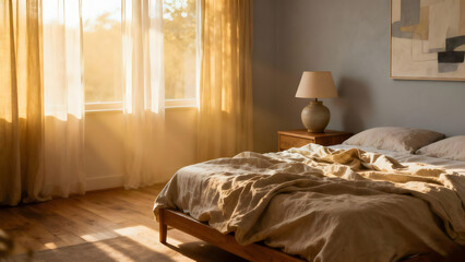 Sunny bedroom with unmade bed and warm light streaming through curtains