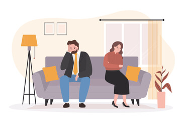 Male and female characters sitting on sofa in living room and not talking. Heartbreak, separation and emotional distress. Family conflict. Break up relationship.