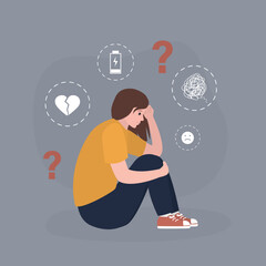 Unhappy female character sitting on floor. Bad mood, negative emotions. Depression concept. Young sad and tired woman with mental problems, psychological troubles,