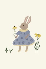 Illustration of a small bunny gathering flowers in a meadow