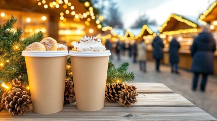 Enjoying hot cocoa and delicious pastries at a cozy Christmas market in the winter evening atmosphere with twinkling lights