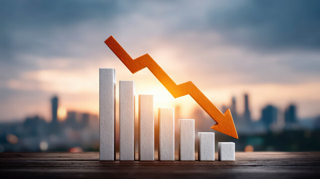 Graphical representation of a downturn in a market with descending bar graphs and an orange arrow against a city backdrop.