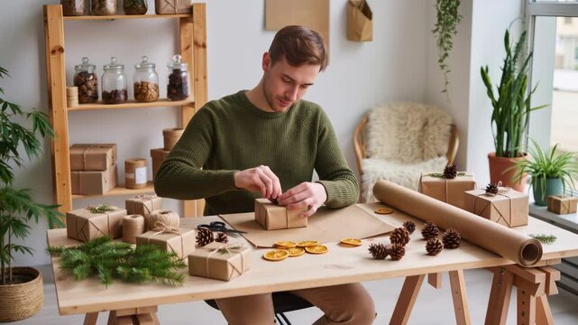 Young man carefully wrapping and decorating a christmas present with natural materials like pine cones and fir branches at a rustic wooden table, preparing for the holiday celebration at home