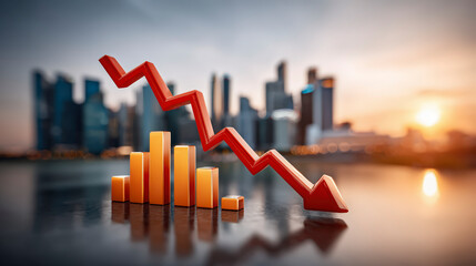 Graphical representation of a declining stock market in front of a city skyline at sunset; financial concept of economic downturn.
