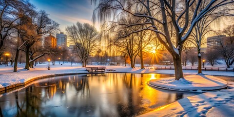 A picturesque winter sunrise illuminates boston public garden, casting a warm glow on the snowcovered landscape, the frozen pond reflecting the vibrant colors of the sky and the city skyline