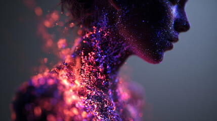 silhouette dissolving into glowing particles, symbolizing transformation, energy, digital evolution, and abstract concepts. Ideal for creative, futuristic, and conceptual visuals