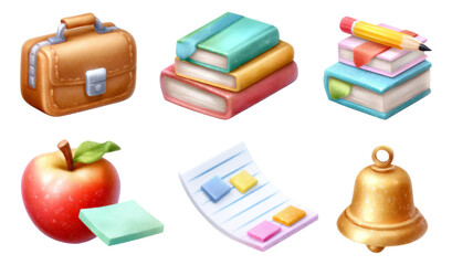 Colorful Education Collection with Objects Like Books, Apple, Pencil, and Bell