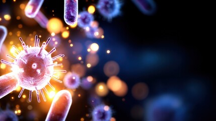 Close-up view of vibrant virus particles illuminated by glowing lights, showcasing microscopic details