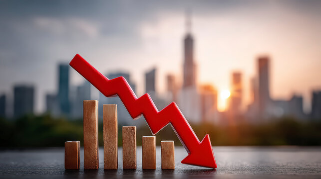 Red arrow declining over wooden bars against a city skyline at sunset, symbolizing a decrease in economic or financial performance.