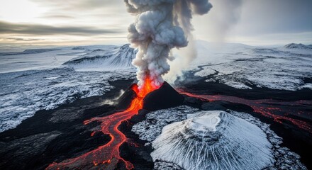 Volcanic eruption with flowing lava and ash cloud in a snowy landscape