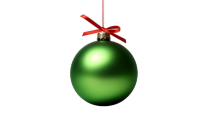 Green christmas ornament hanging from a red ribbon with a bow, suspended in the air, on a white background