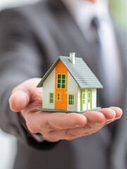 A close-up shows a man hand gently holding a small, detailed model house, against a soft, blurred background.  