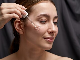Obraz premium Woman Applying Facial Serum with Dropper, Focusing on Skin Care Routine
