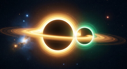 Cosmic scene of two black hole silhouettes with luminous rings of light, representing gravity, time distortion, and profound astrophysical phenomenon
