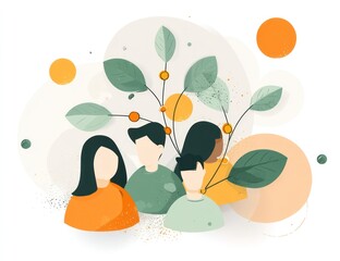 A group of diverse people are depicted in a vibrant abstract design, surrounded by stylized leaves and circles, creating a peaceful and inclusive scene.