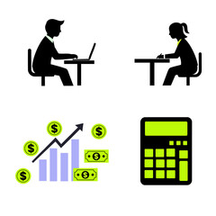 Business Finance and Calculation Icons People, Chart, and Calculator