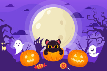 Cute Halloween scene with black cat in pumpkin, glowing jack o lanterns, full moon, candy and friendly ghosts in purple night. Perfect for kids party invites banners. Flat vector cartoon style.