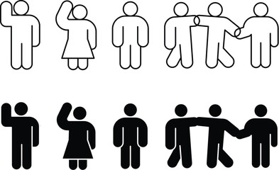 friendship people gesture icon vector set, minimal outline filled team group hug handshake wave