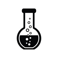 Black and white icon of laboratory flask with bubbles
