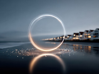 Glowing light circle reflecting on wet beach at night