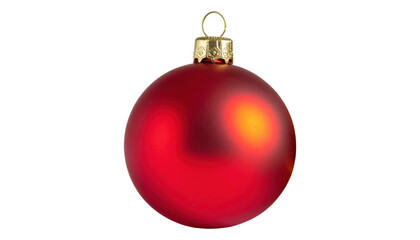 A shiny red christmas ornament with a gold top and hanging loop, viewed from the front, isolated on white