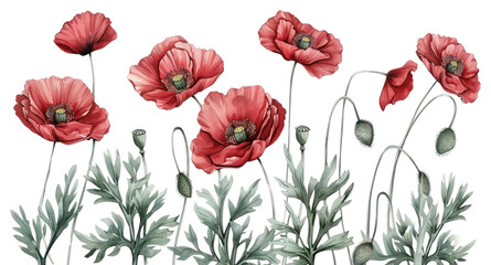 Fototapeta premium PNG Vibrant red poppy flowers illustration