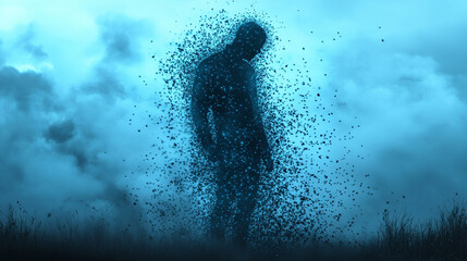 silhouette dissolving into glowing particles, symbolizing transformation, energy, digital evolution, and abstract concepts. Ideal for creative, futuristic, and conceptual visuals