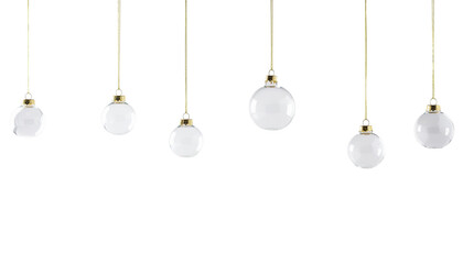 Seven hanging clear glass ornaments with gold tops suspended from gold strings, transparent png