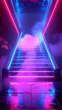 A futuristic staircase glowing with vibrant blue and pink neon lights, enveloped in mysterious smoke, reflecting on a wet floor.
