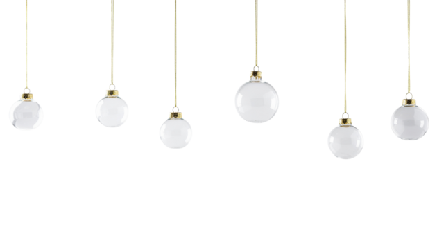 Seven hanging clear glass ornaments with gold tops suspended from gold strings, transparent png