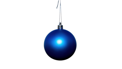 A shiny, round, dark blue christmas ornament with a silver hook hanging vertically, isolated on white
