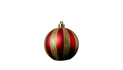 A christmas ornament, red and gold with vertical stripes and a gold top, centered and isolated on white