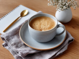 Coffee cup on wooden desk with notebook
