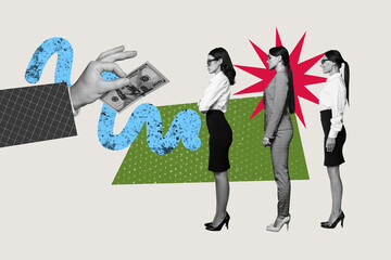 3d pop zine sketch artwork collage of happy business partners stand hand hold dollar banknote salary finance profit payment