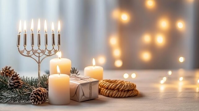 A beautifully lit silver Hanukkah menorah stands proudly next to a bowl filled with traditional Jewish delicacies