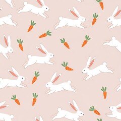 Seamless pattern of adorable white rabbits and bright orange carrots