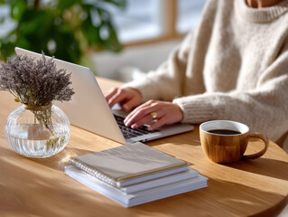 Woman working on laptop with coffee at home