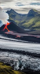 Volcanic eruption with glowing lava flow cascading down a mountain towards a glacier