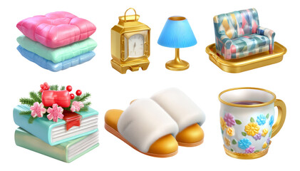 Cozy Home Collection with Colorful Pillows, Clock, Lamp, Couch, Books, Slippers, and Cup