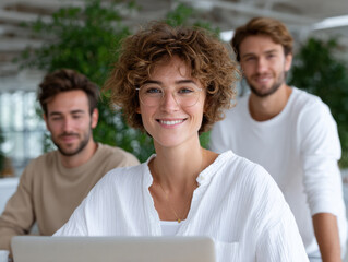 Professional woman leading team working happily in office