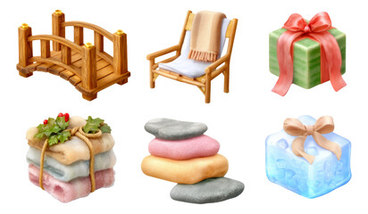Collection of Isolated Transparent Objects Including a Bridge, Chair, and Gift Box