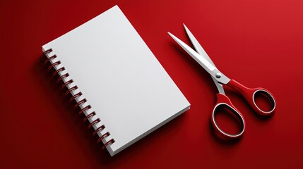 Office desk concept with blank spiral notebook mockup and red scissors on vibrant red background