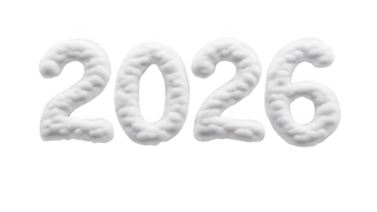 Fluffy White 2026 Numbers Resembling Snow or Cotton isolated on transparent background. Textured Year Digit Close-Up. Soft Rounded Number Photography.