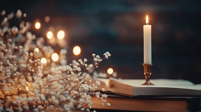 An inviting table with a brass candlestick, white candles, dark books, and soft pink flowers sets a warm ambiance - Powered by Adobe